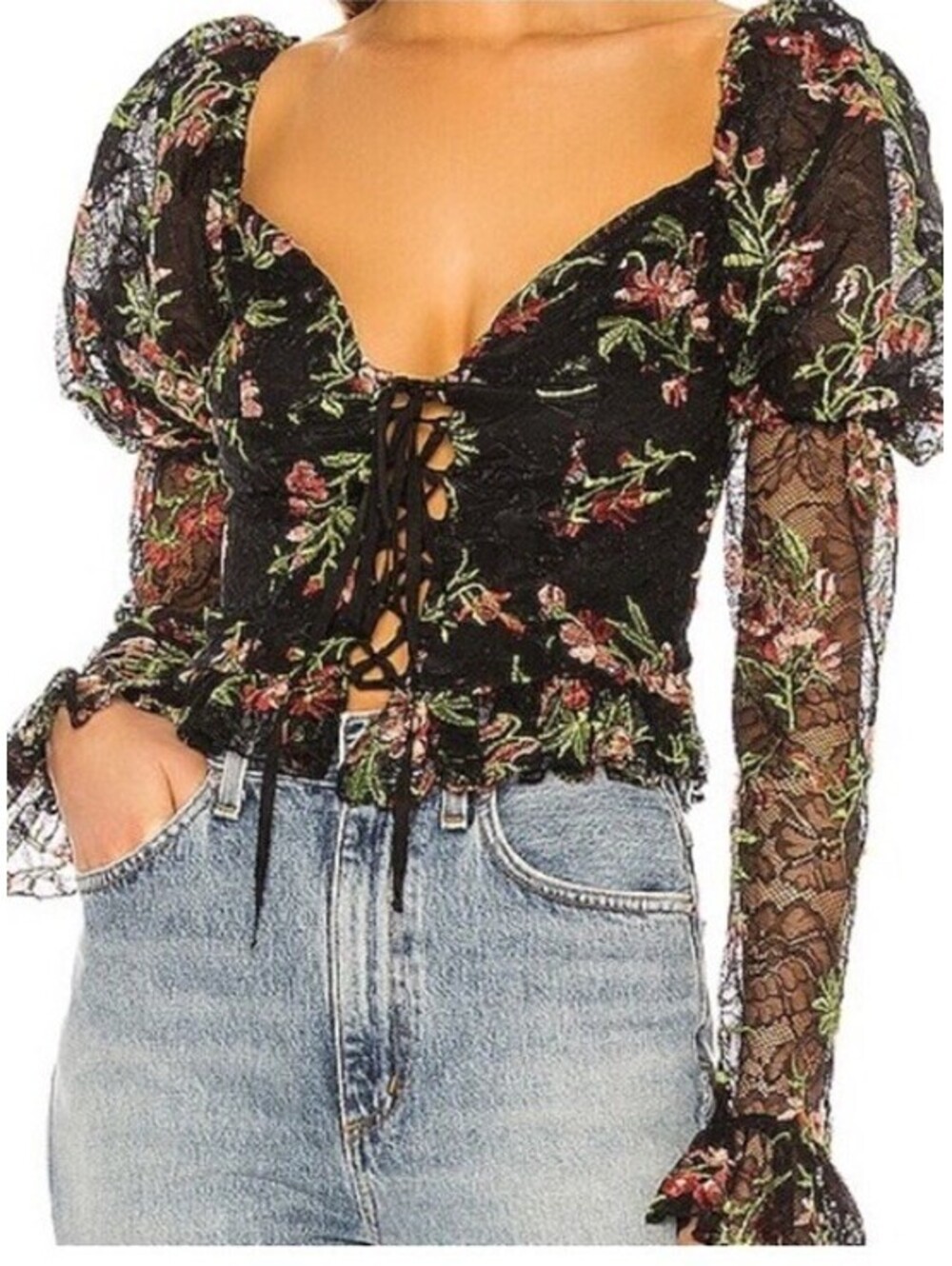 Majorelle Swift floral crop top Lace Up Sheer balloon sleeves black multi Size M